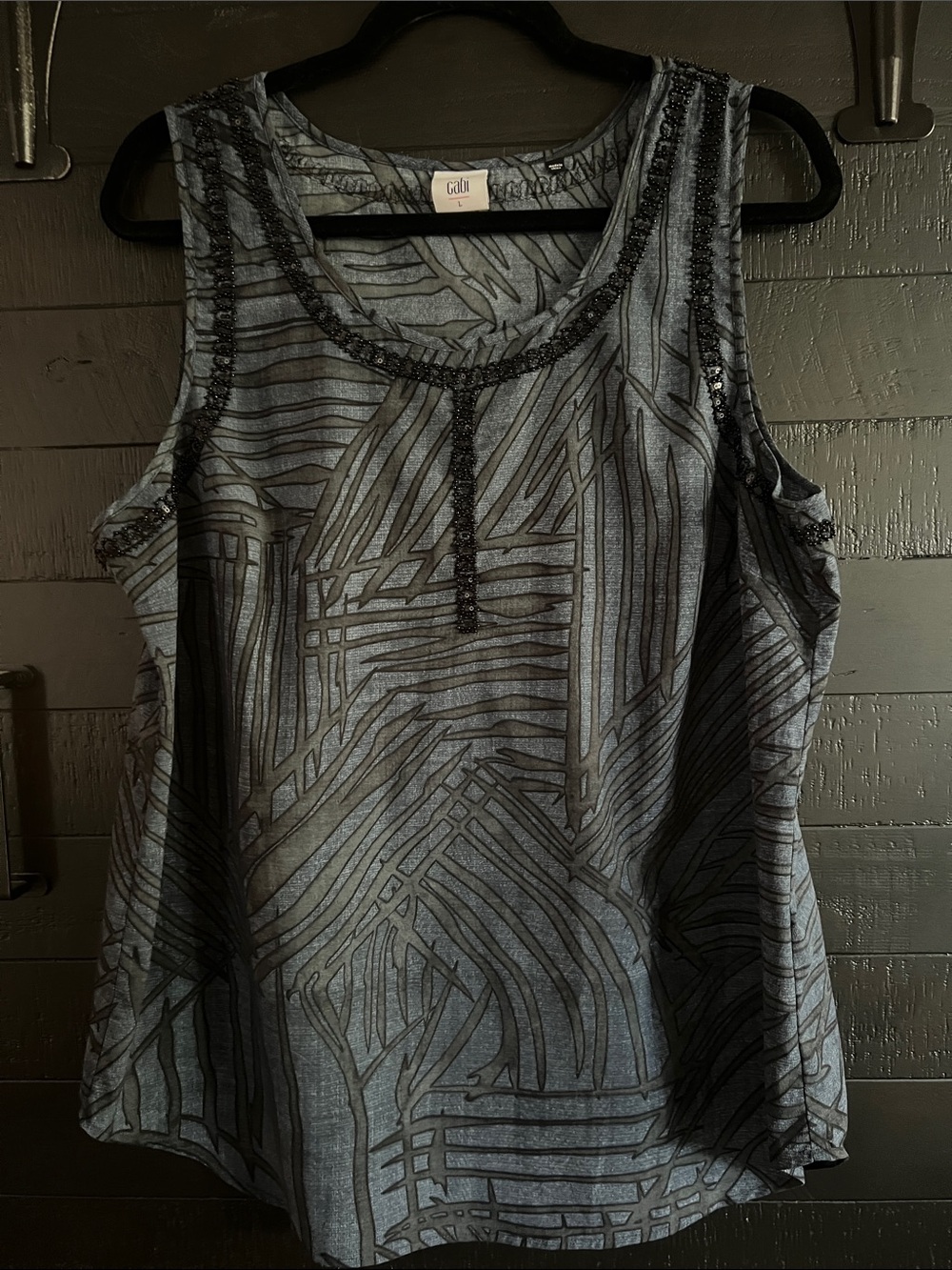 CAbi Blue Gray Abstract Beaded Scoop Tank